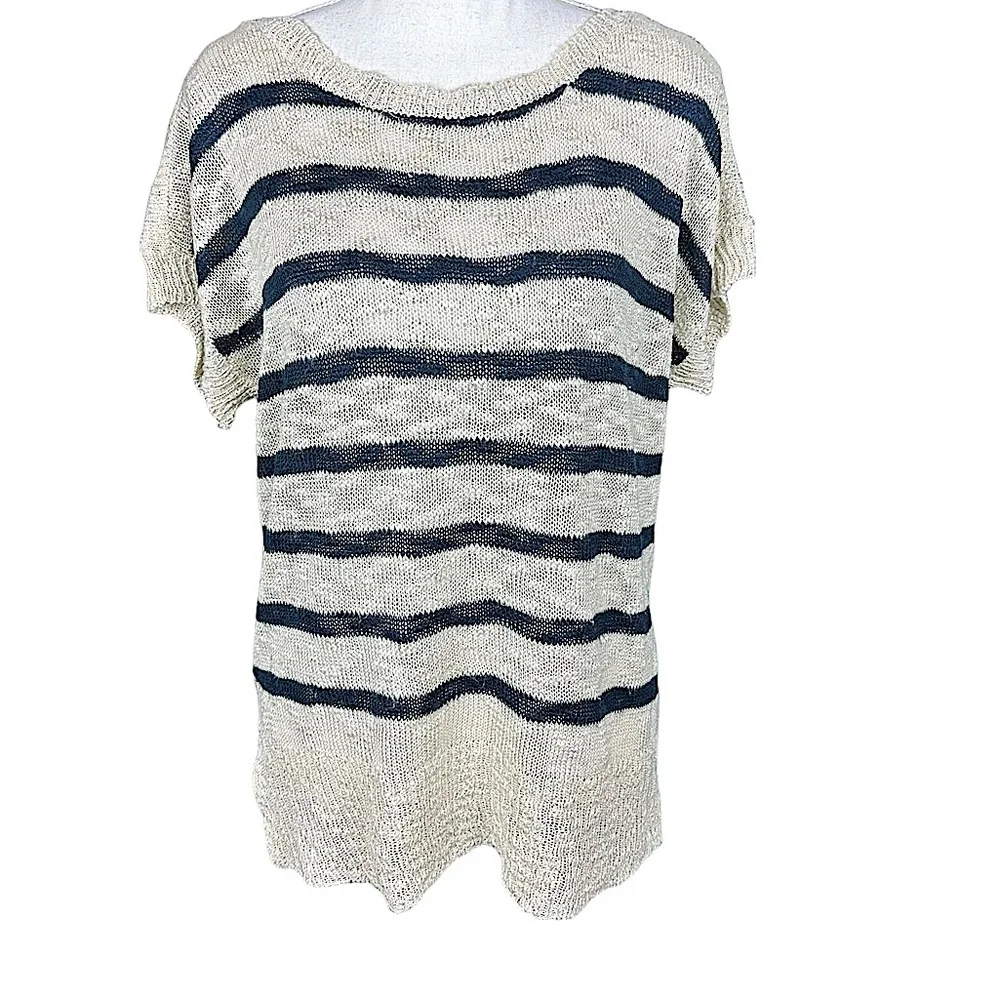 ROMEO & JULIET COUTURE: White & Navy Blue Striped Short Sleeve Sweater -Size Med